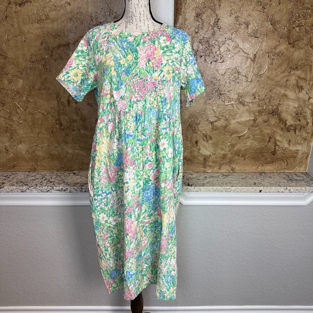 Vermont Country Store Dress Medium ? Pastel Floral‎ Green Cottagecore Lagenlook